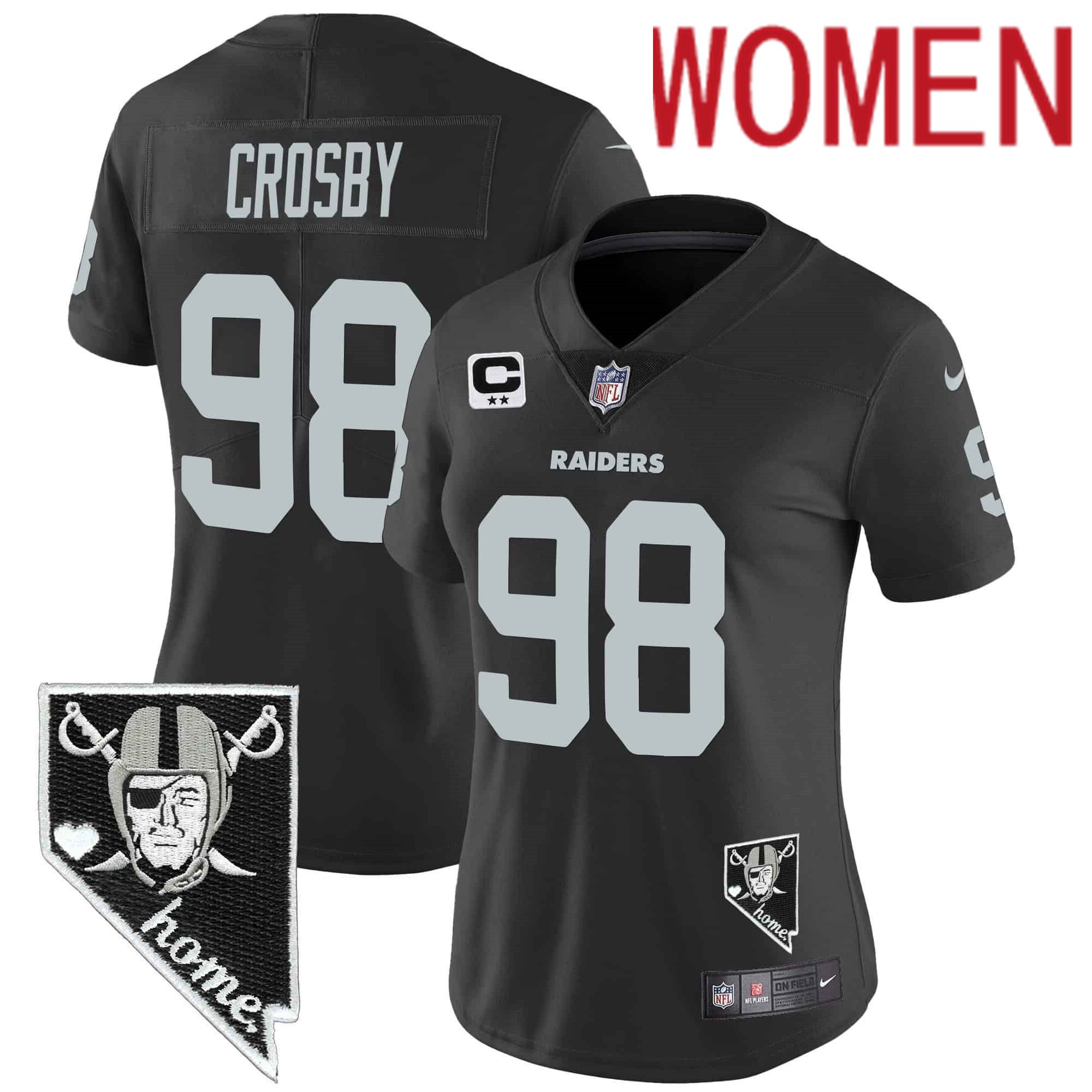 Women Oakland Raiders #98 Crosby Black 2024 Nike Nevada Home Patch Vapor NFL Jersey style 1->women nfl jersey->Women Jersey